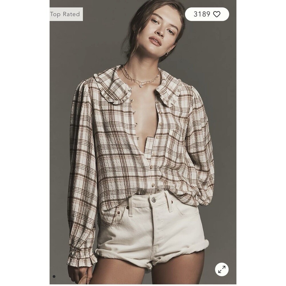 Anthropologie The Keira Long-Sleeve Plaid Blouse by Pilcro Size Large